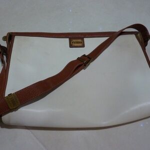 Vintage Ferre Handbag | WHITE with Brown trim Crossbody Messenger Bag-tote 80s
